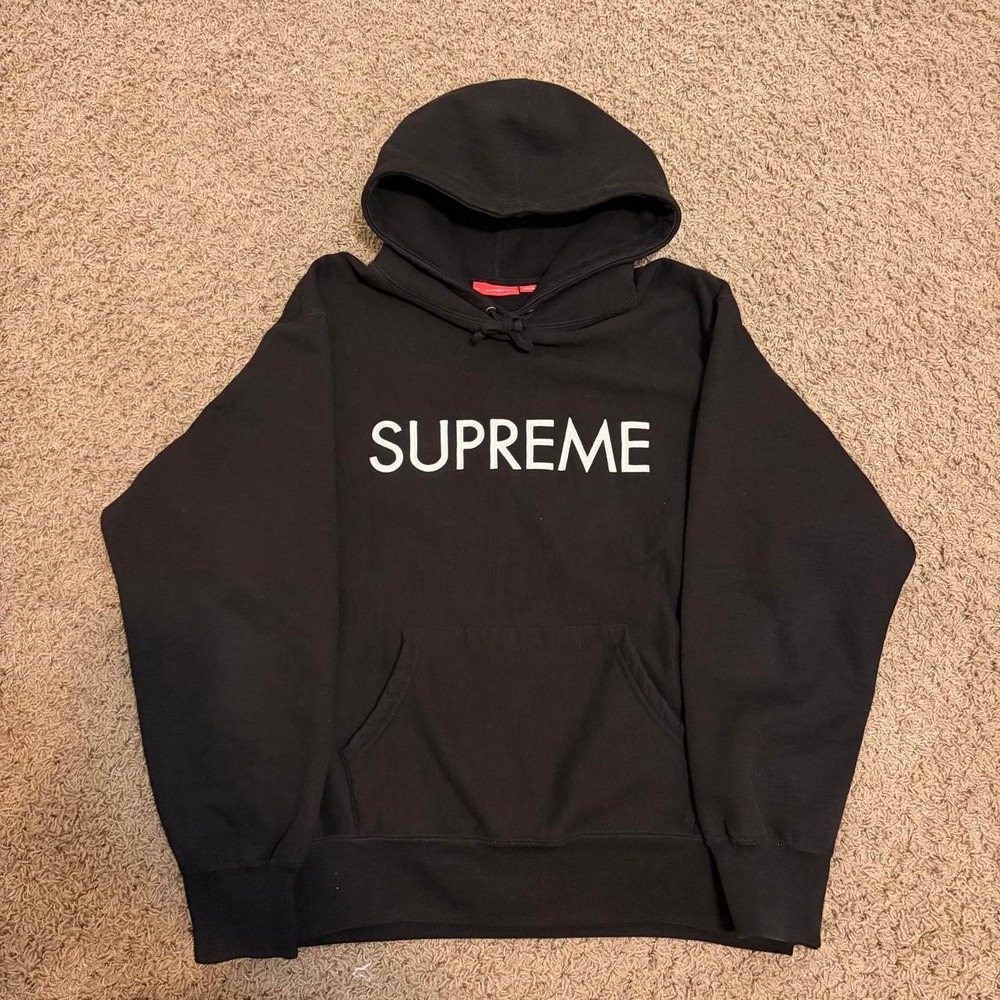 Supreme Capital Letters Hoodie Black Embroidered Logo Mens Sweatshirt Medium